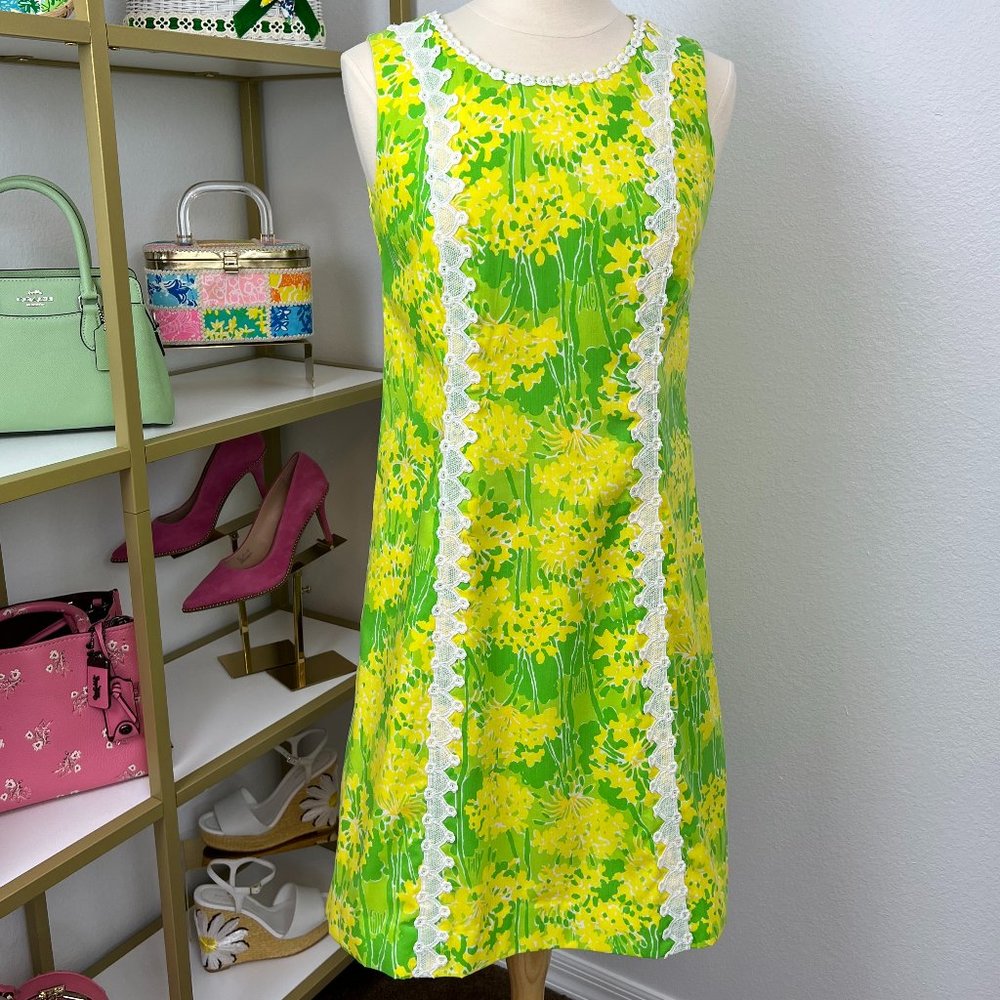 "The Lilly" Lilly Pulitzer 1960's Green & Yellow Floral Shift Dress Vintage 10